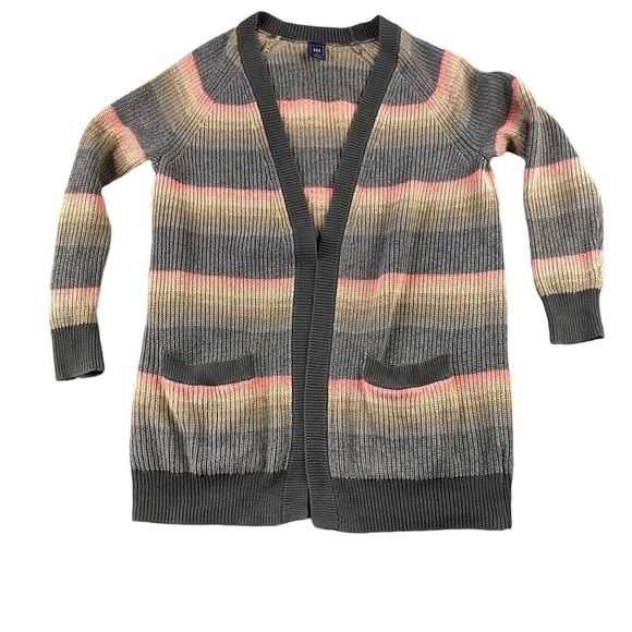 Gap Womens Medium Gray Strip Open Front Long Line Cardigan Sweater w/ Pockets - Picture 1 of 6